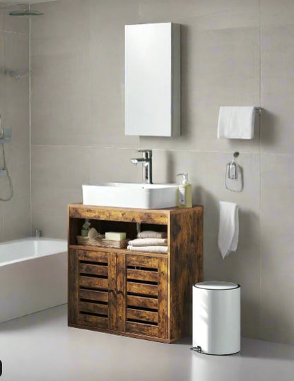 Under Sink Bathroom Cabinet, Rustic Storage Unit with Adjustable Shelf and Louvred Doors