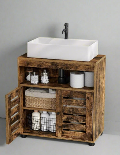 Rustic brown under sink bathroom cabinet with adjustable shelf and louvred doors, ideal for small bathrooms

