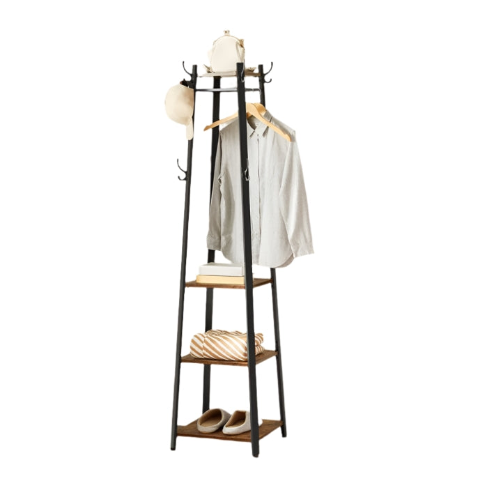 Industrial Coat Rack with Hooks and 3-Tier Storage Shelves – Black & Rustic Brown