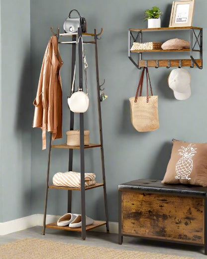 Industrial Coat Rack with Hooks and 3-Tier Storage Shelves – Black & Rustic Brown