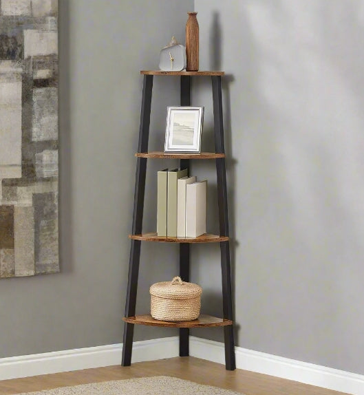 4 Tier Industrial Style Corner Shelf Shelf - Rustic Brown