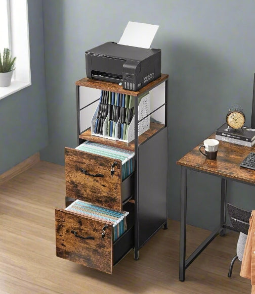 Industrial Filing Cabinet with 2 Drawers and Open Shelf | Home Office File Storage for A4