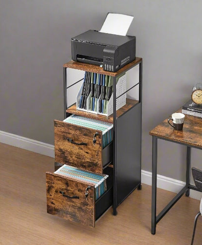 Industrial Filing Cabinet with 2 Drawers and Open Shelf | Home Office File Storage for A4