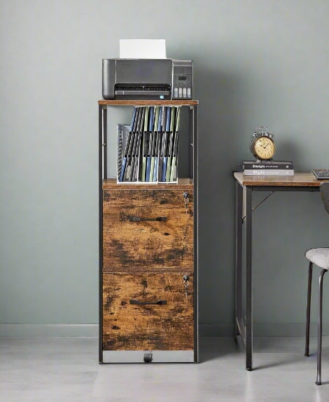Industrial filing cabinet with two drawers, open shelf, and rustic wood and black steel design for home office

