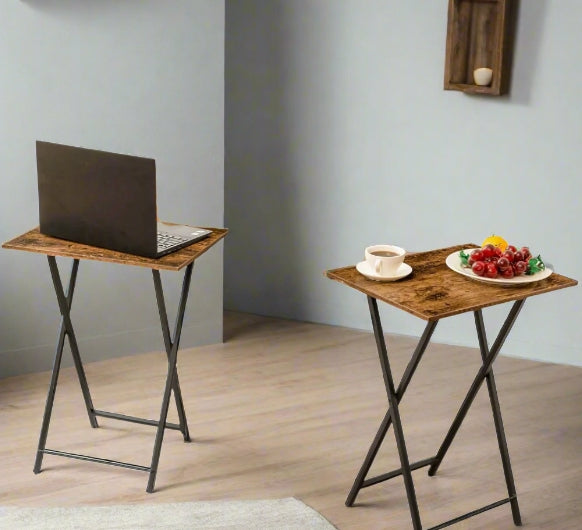 Set of 2 rustic brown folding side tables with black metal frame, industrial snack and TV tray tables for small living spaces

