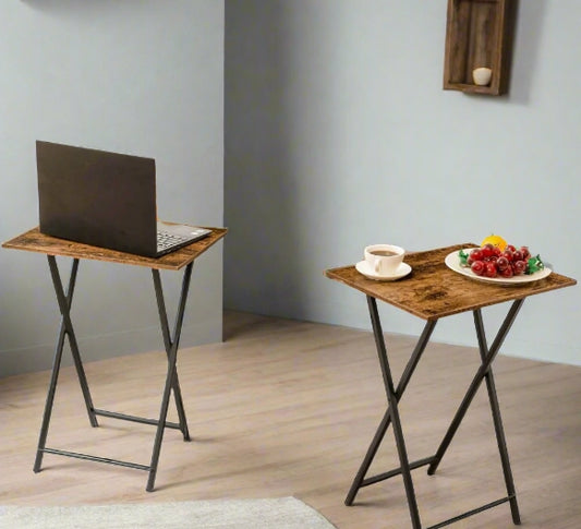 Set of 2 rustic brown folding side tables with black metal frame, industrial snack and TV tray tables for small living spaces


