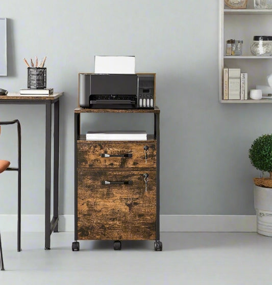 Rustic brown and black mobile file cabinet with lockable drawers, open shelf, and 360° swivel wheels for home or office use

