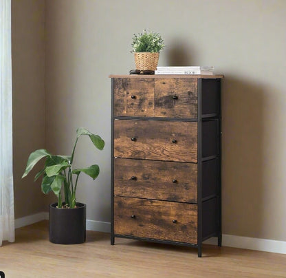 Rustic brown 5-drawer chest of drawers with black metal frame and wood handles, fabric drawers, ideal for bedroom or hallway storage

