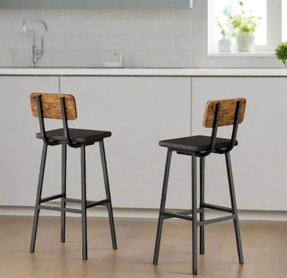 Set of 2 Industrial PU Upholstered Bar Stools – Breakfast Bar Chairs with Backrest