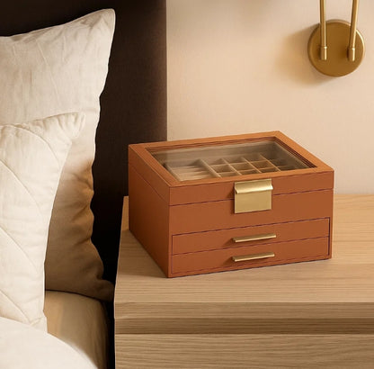 3-Tier Jewellery Box with Glass Lid – Caramel Brown & Gold Organiser with Velvet Lining