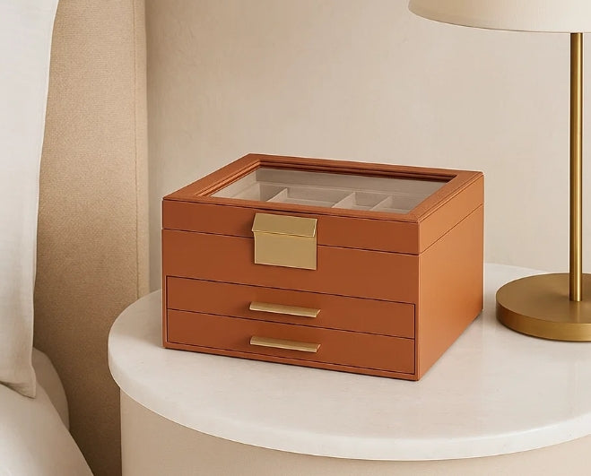 3-Tier Jewellery Box with Glass Lid – Caramel Brown & Gold Organiser with Velvet Lining