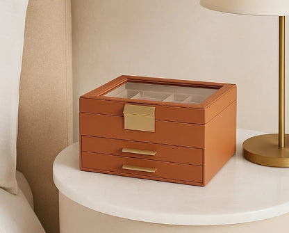 3-Tier Jewellery Box with Glass Lid – Caramel Brown & Gold Organiser with Velvet Lining