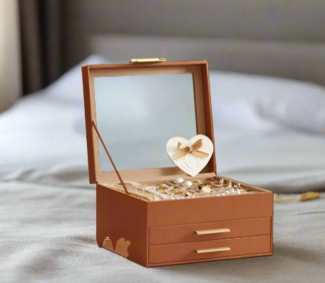 3-Tier Jewellery Box with Glass Lid – Caramel Brown & Gold Organiser with Velvet Lining
