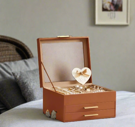 3-Tier Jewellery Box with Glass Lid – Caramel Brown & Gold Organiser with Velvet Lining