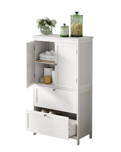 White Bathroom Storage Cabinet – Kitchen Cupboard with 2 Drawers, 2 Doors & Adjustable Shelf, 110cm Tall