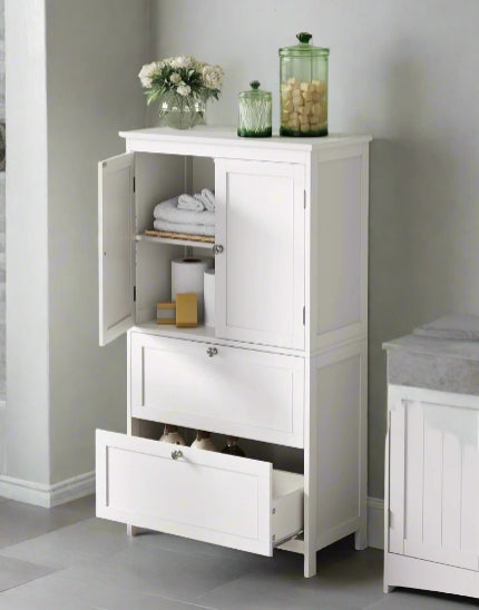 White Bathroom Storage Cabinet – Kitchen Cupboard with 2 Drawers, 2 Doors & Adjustable Shelf, 110cm Tall