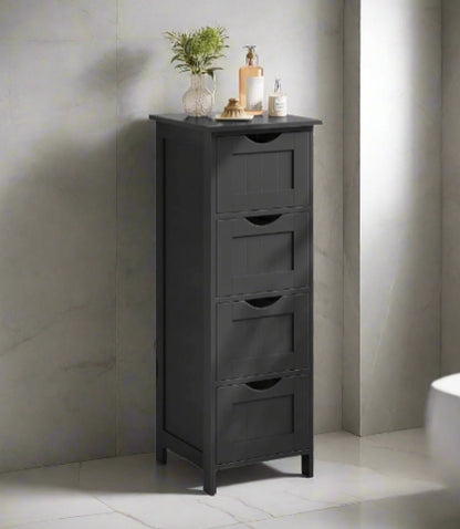 Black Bathroom Floor Storage Cabinet – Freestanding Unit with 4 Drawers