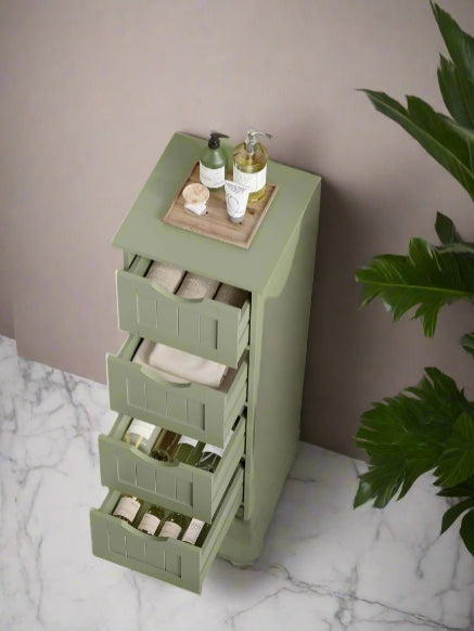 Green Bathroom Floor Storage Cabinet – Freestanding Unit with 4 Drawers