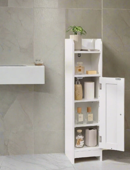 White slim bathroom cabinet with adjustable shelves

