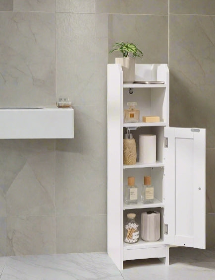 White slim bathroom cabinet with adjustable shelves

