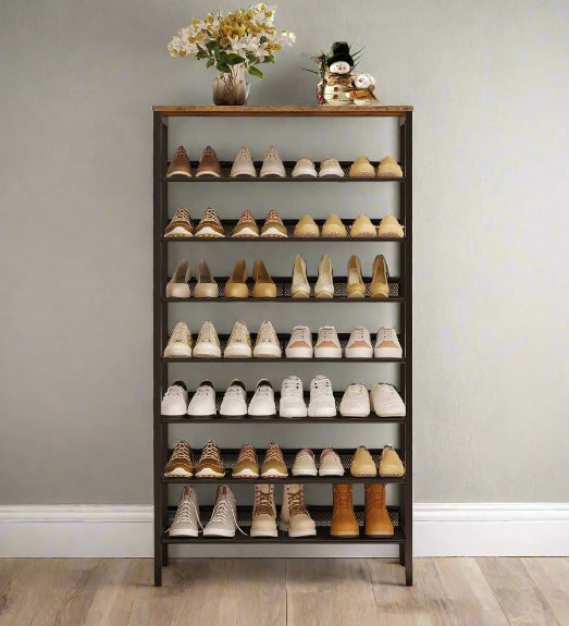 8-tier rustic brown and black metal shoe rack with adjustable flat or slanted shelves, holds 21 to 28 pairs of shoes

