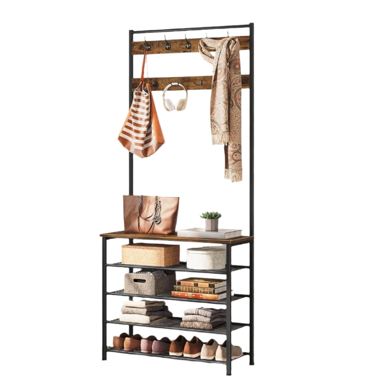 Industrial Coat Stand with Shoe Storage - Hall Tree with 9 Hooks