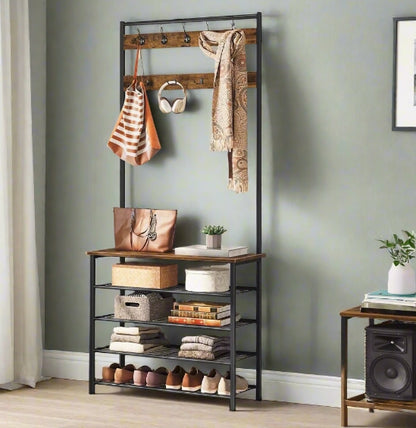 Industrial Coat Stand with Shoe Storage - Hall Tree with 9 Hooks