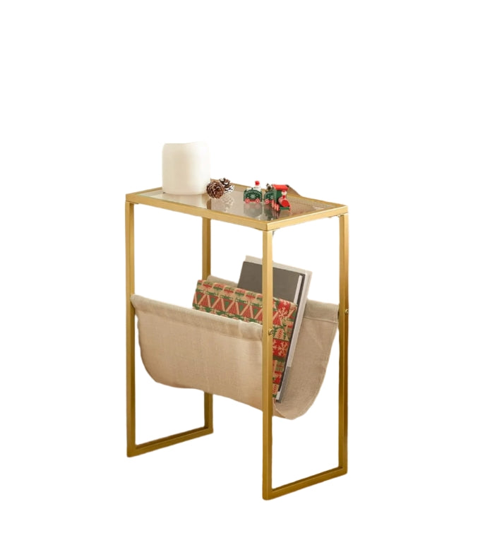 Slim Gold Side Table – Narrow Glass Sofa End Table with Fabric Magazine Holder