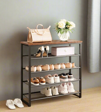 5-Tier Industrial Shoe Rack - Metal Frame Organizer