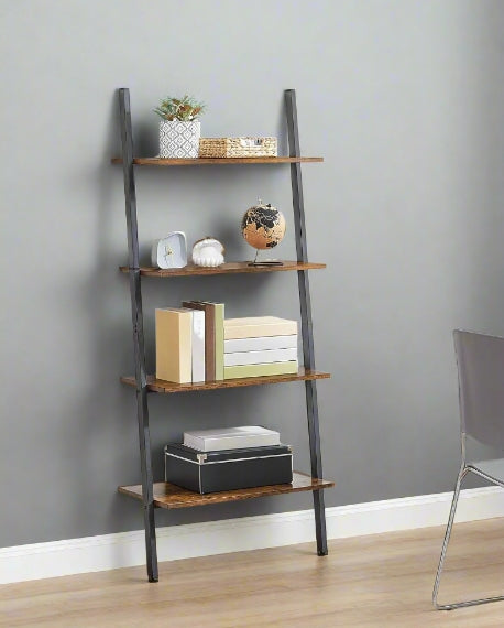 Industrial 4-Tier Ladder Shelf – Wall-Leaning Bookshelf & Storage Rack