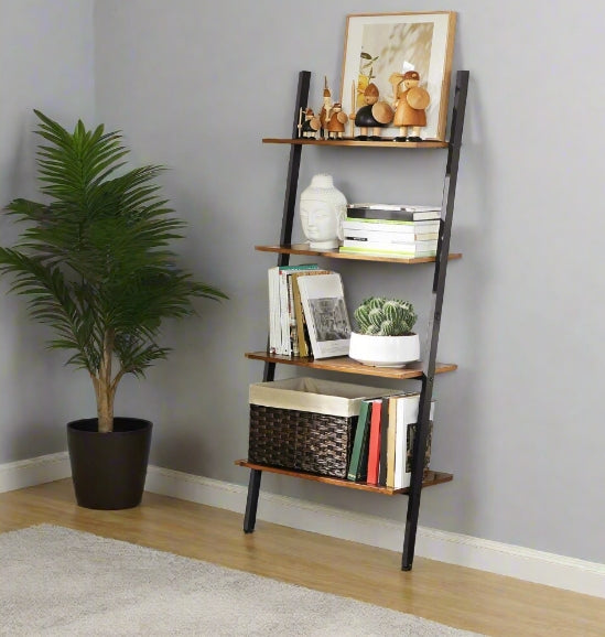 Industrial 4-Tier Ladder Shelf – Wall-Leaning Bookshelf & Storage Rack