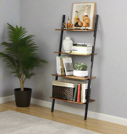 Industrial 4-Tier Ladder Shelf – Wall-Leaning Bookshelf & Storage Rack