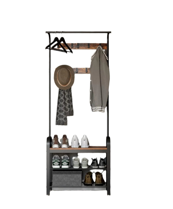 Industrial 4-in-1 Coat Rack with Shoe Bench – Hallway Clothes Stand with 9 Hooks