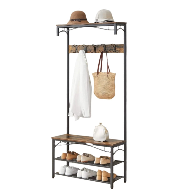 Industrial Coat Rack with Bench and Shoe Rack