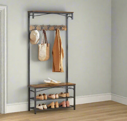 Industrial Coat Rack with Bench and Shoe Rack