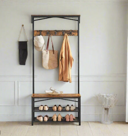 Industrial Coat Rack with Bench and Shoe Rack