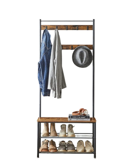 Industrial Coat Stand with Shoe Storage Bench - 3-in-1 Design