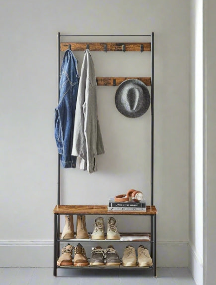 Industrial-style 3-in-1 coat rack with shoe bench and 9 hooks, rustic brown wood and black metal frame, perfect for hallway storage

