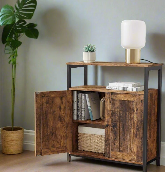 Industrial storage cabinet with rustic brown particleboard and black steel frame, featuring slat door and adjustable shelves in modern living room

