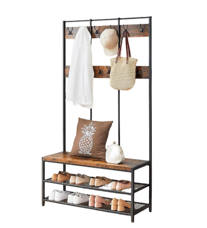 Industrial Entryway Coat Rack with 12 Hooks and Bench