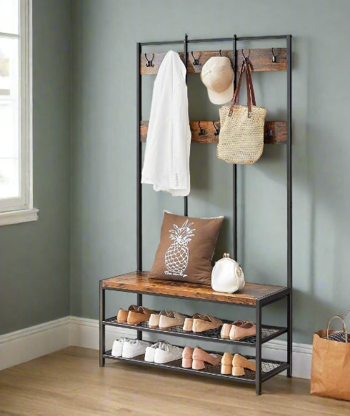 Industrial style coat rack with 12 hooks, rustic bench, and metal shoe shelves for entryway or hallway storage

