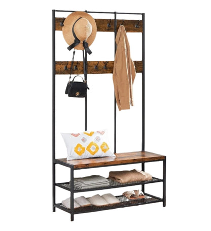 Industrial Entryway Coat Rack with 12 Hooks and Bench