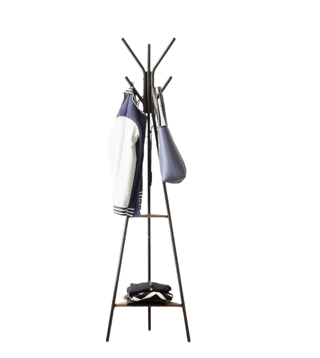 Industrial Coat Rack Stand with 2 Shelves – Freestanding Hall Tree with 6 Hooks