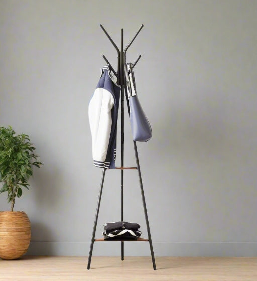 Industrial Coat Rack Stand with 2 Shelves – Freestanding Hall Tree with 6 Hooks
