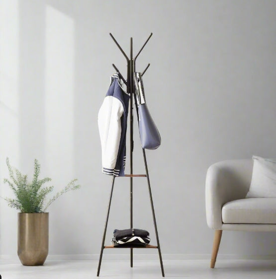 Industrial-style freestanding coat rack with 6 hooks and 2 rustic wood triangle shelves for hallway or entryway

