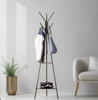 Industrial-style freestanding coat rack with 6 hooks and 2 rustic wood triangle shelves for hallway or entryway

