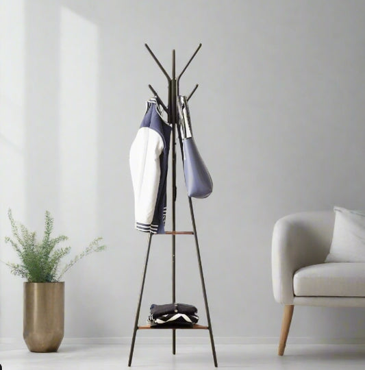 Industrial-style freestanding coat rack with 6 hooks and 2 rustic wood triangle shelves for hallway or entryway

