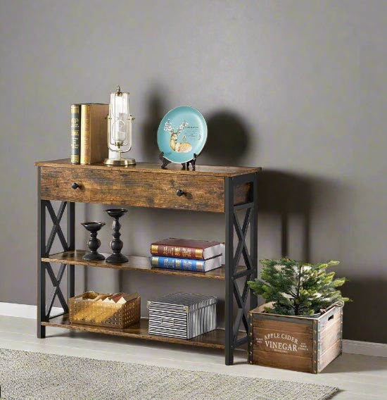 Industrial Console Table with Drawer and 2 Shelves