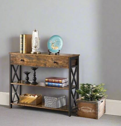 Industrial Console Table with Drawer and 2 Shelves