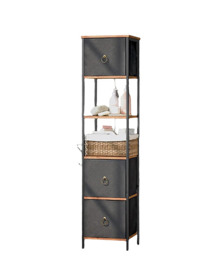 Tall Narrow Corner Storage Cabinet – 3 Fabric Drawers & 2 Open Shelves, Slim Bathroom Unit